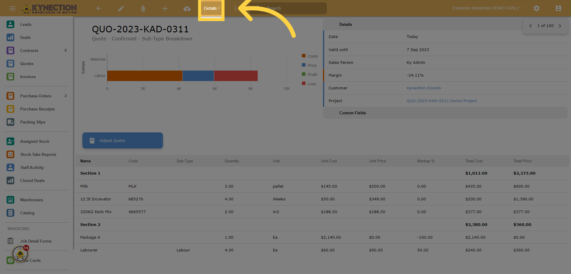 Back on the quote you can view all invoices linked to the quote under 'Details'