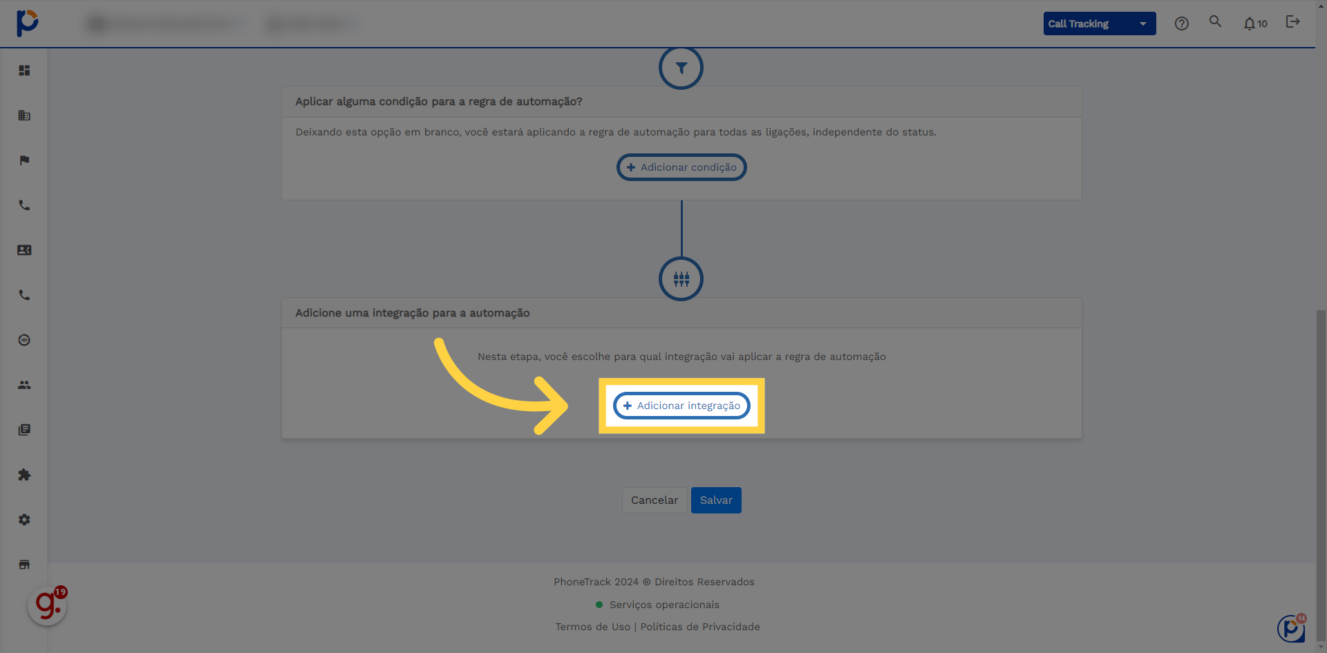 Clique em adicionar integração