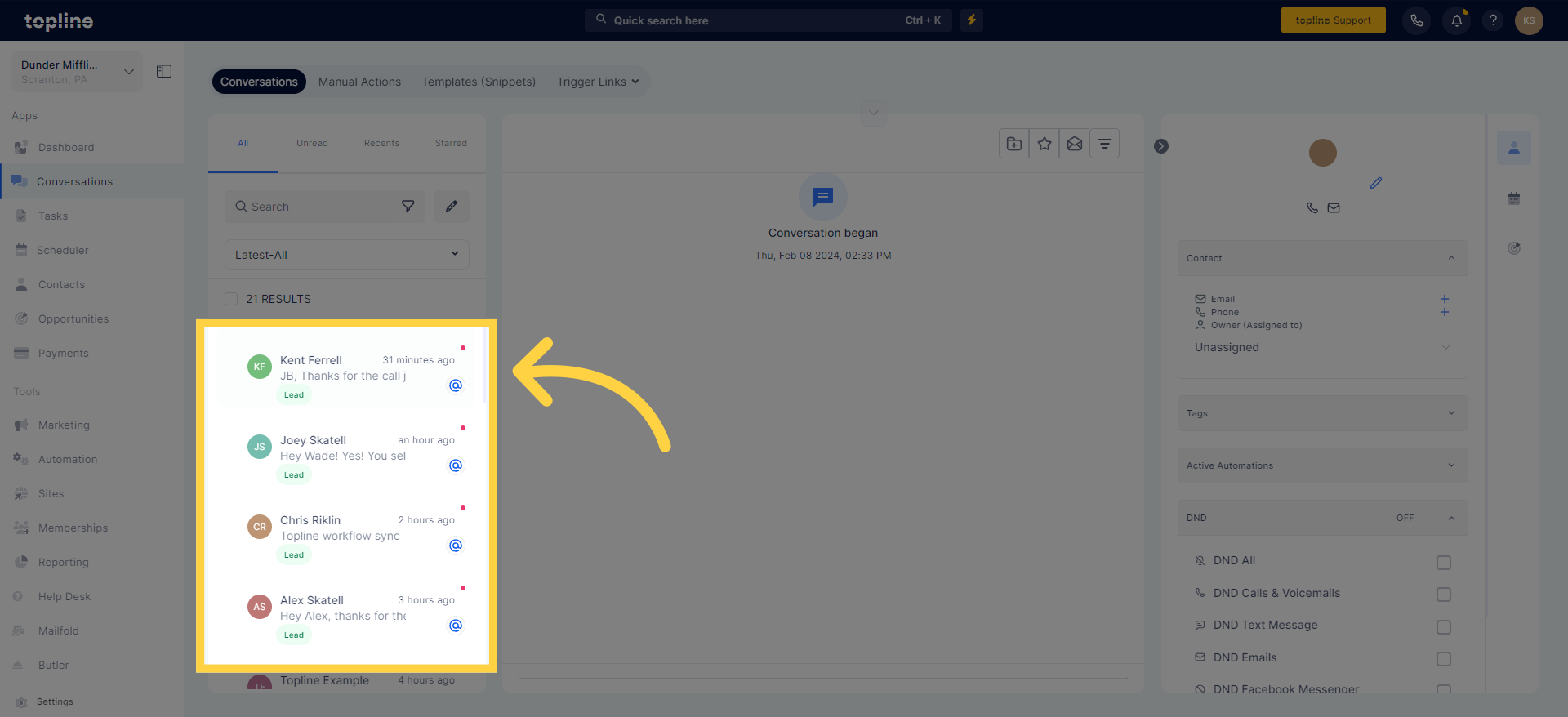 Click 'UnreadRecentsStarredAllQuick Filters Clear Filters Assigned (Contact Owner)My ChatAssigned ToUnassignedLast Message Direction InboundOutboundLast Outbound Message TypeManualAutomatedLast Message...'