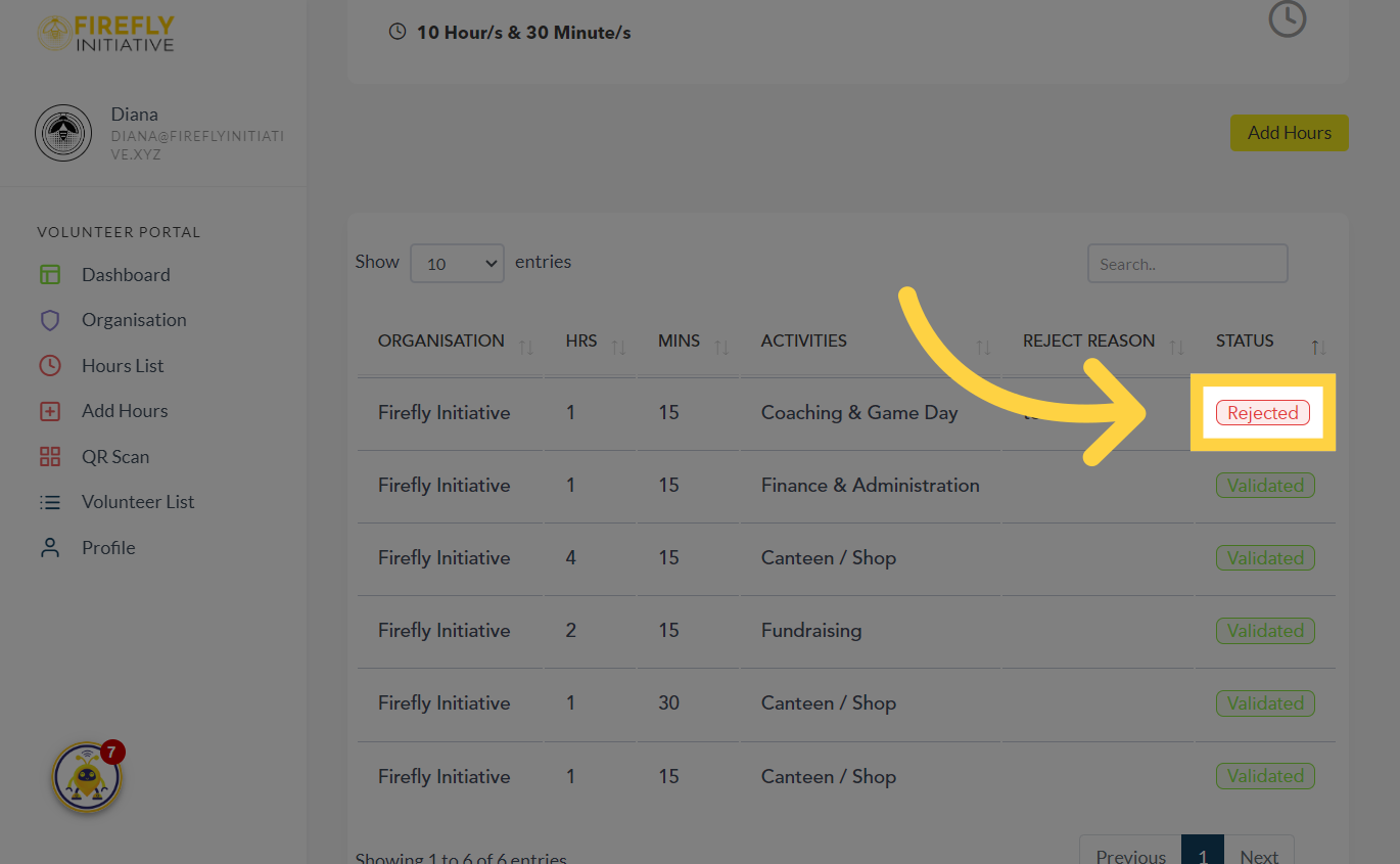 Status shows 'Rejected'