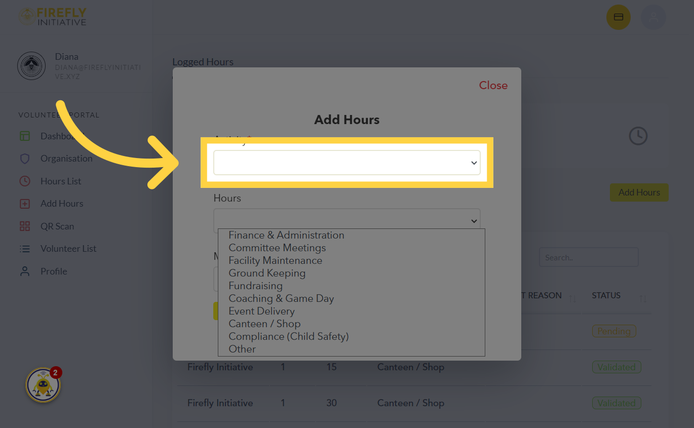 Click the activity dropdown menu