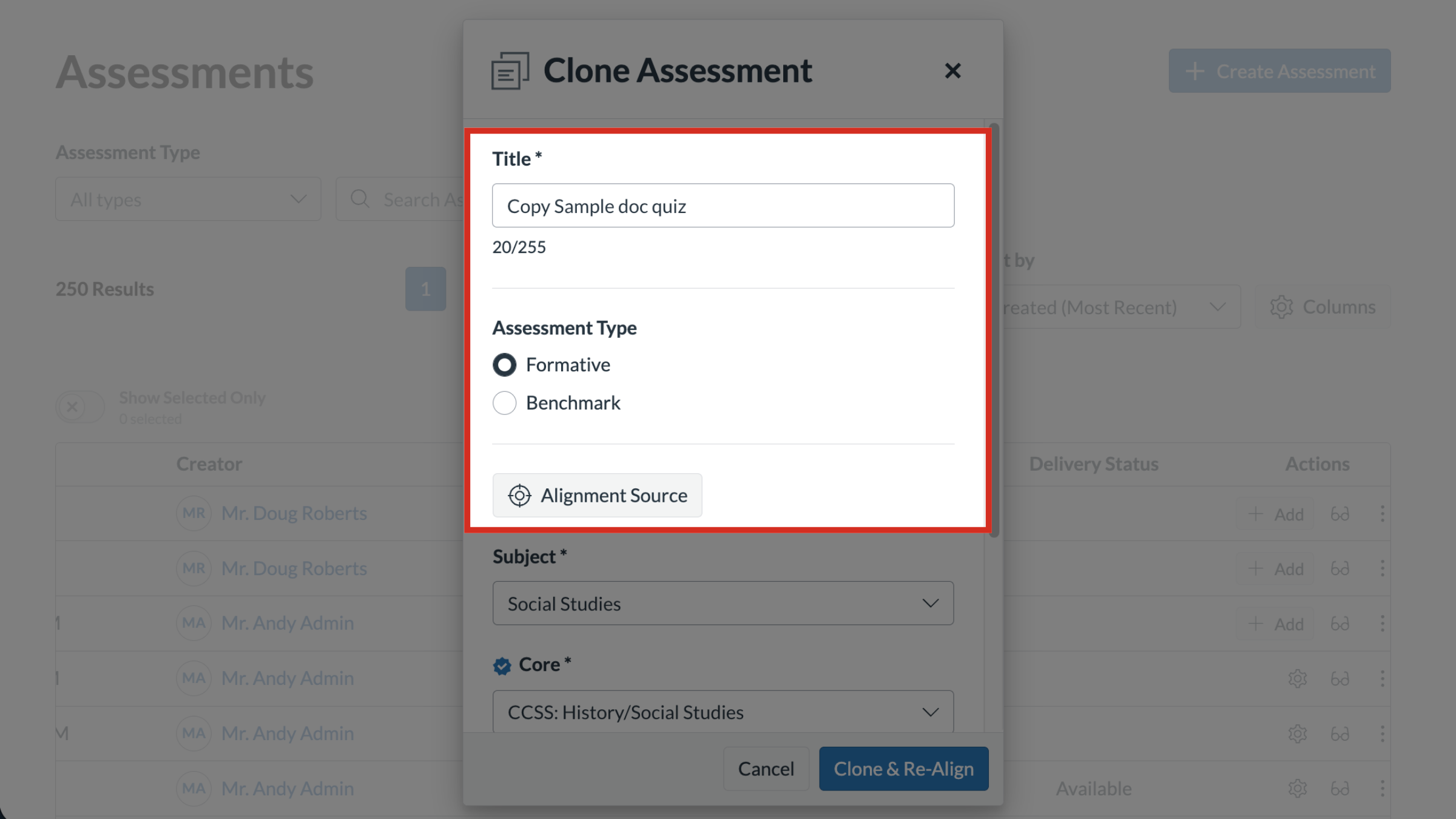 Confirm Title, Assessment Type, and Alignment Source