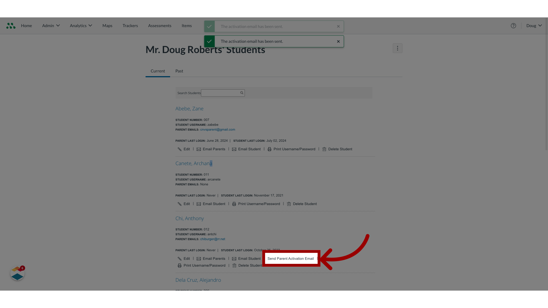Click 'Send Parent Activation Email'