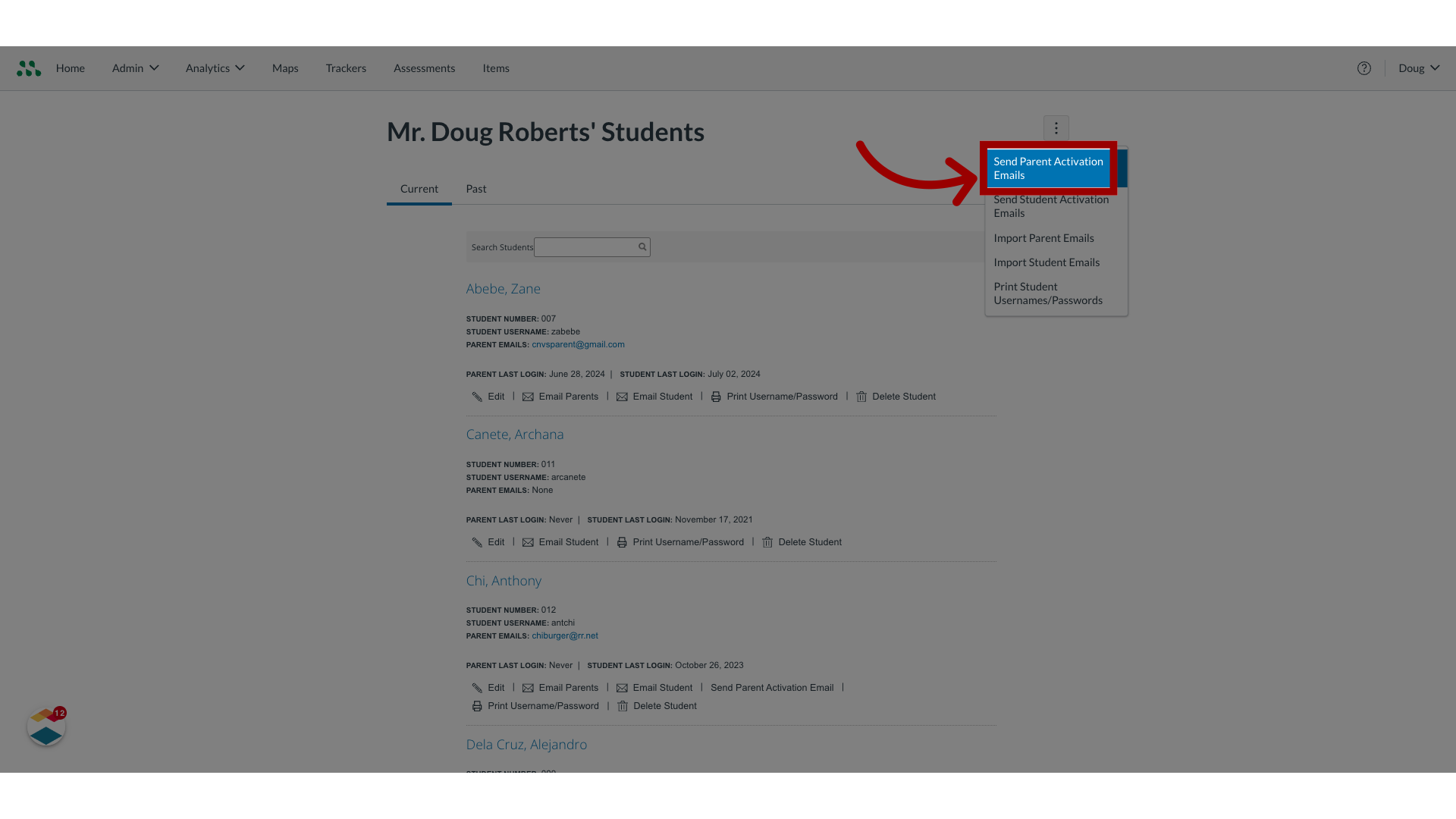 Click 'Send Parent Activation Emails'