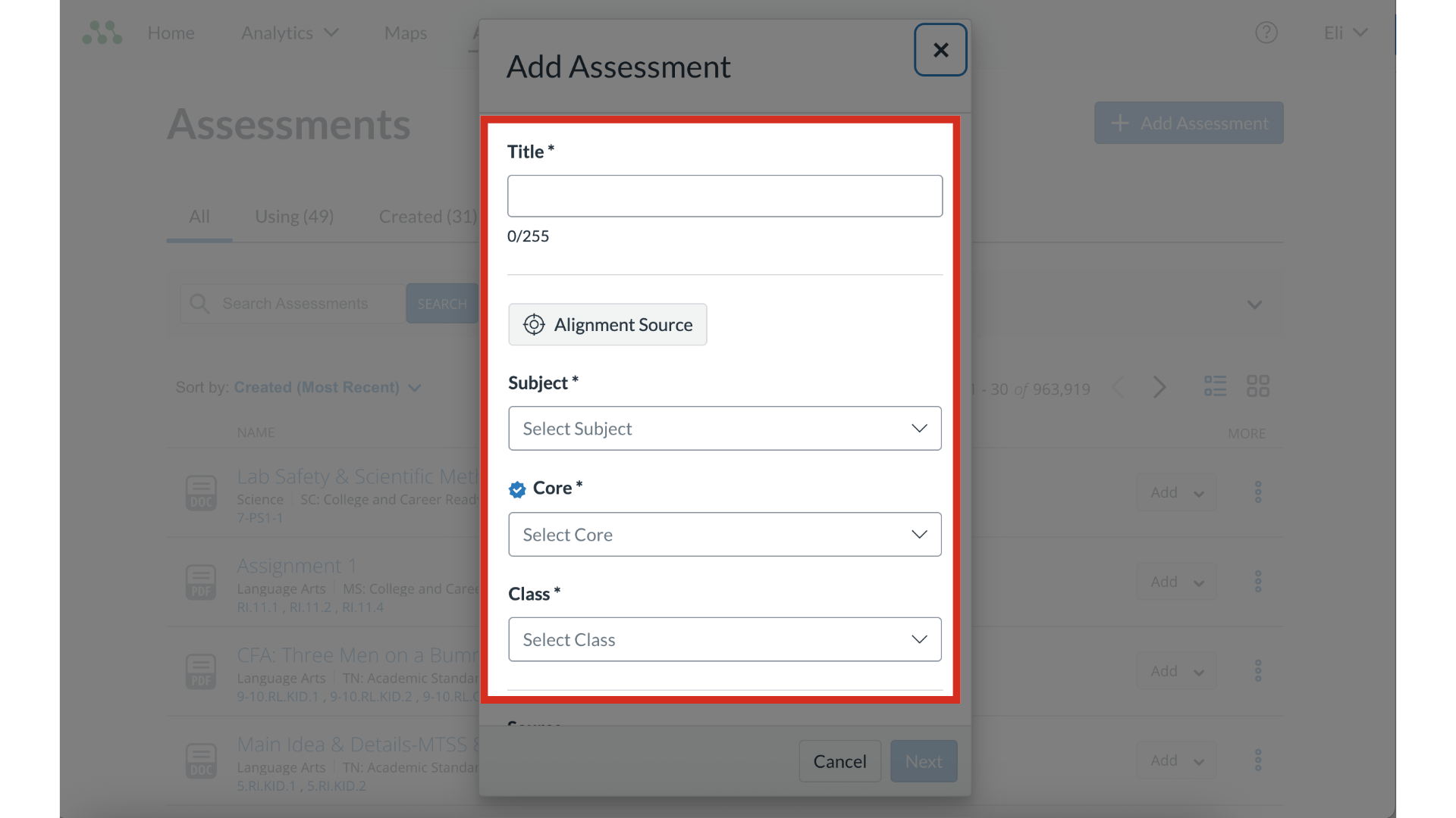 Enter Assessment Details