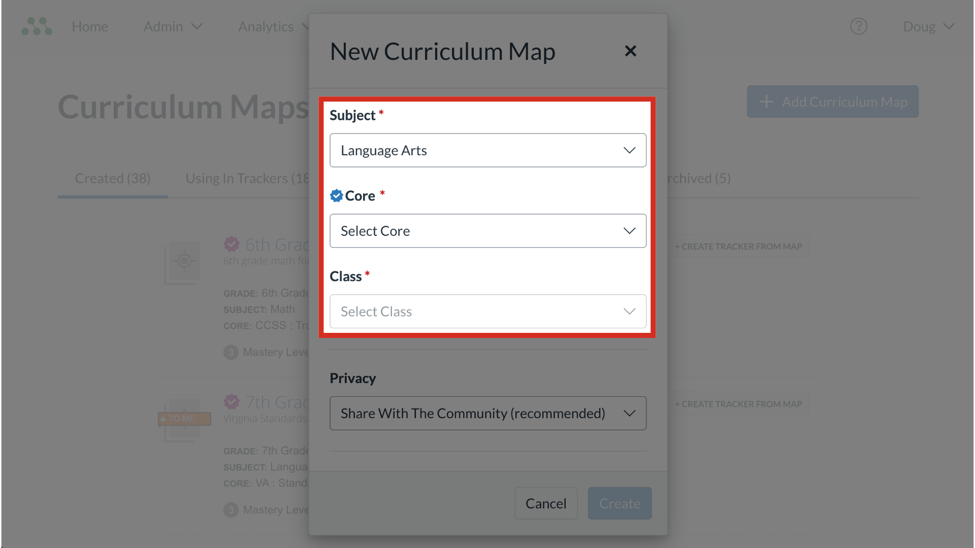 Select Subject, Core, and Class