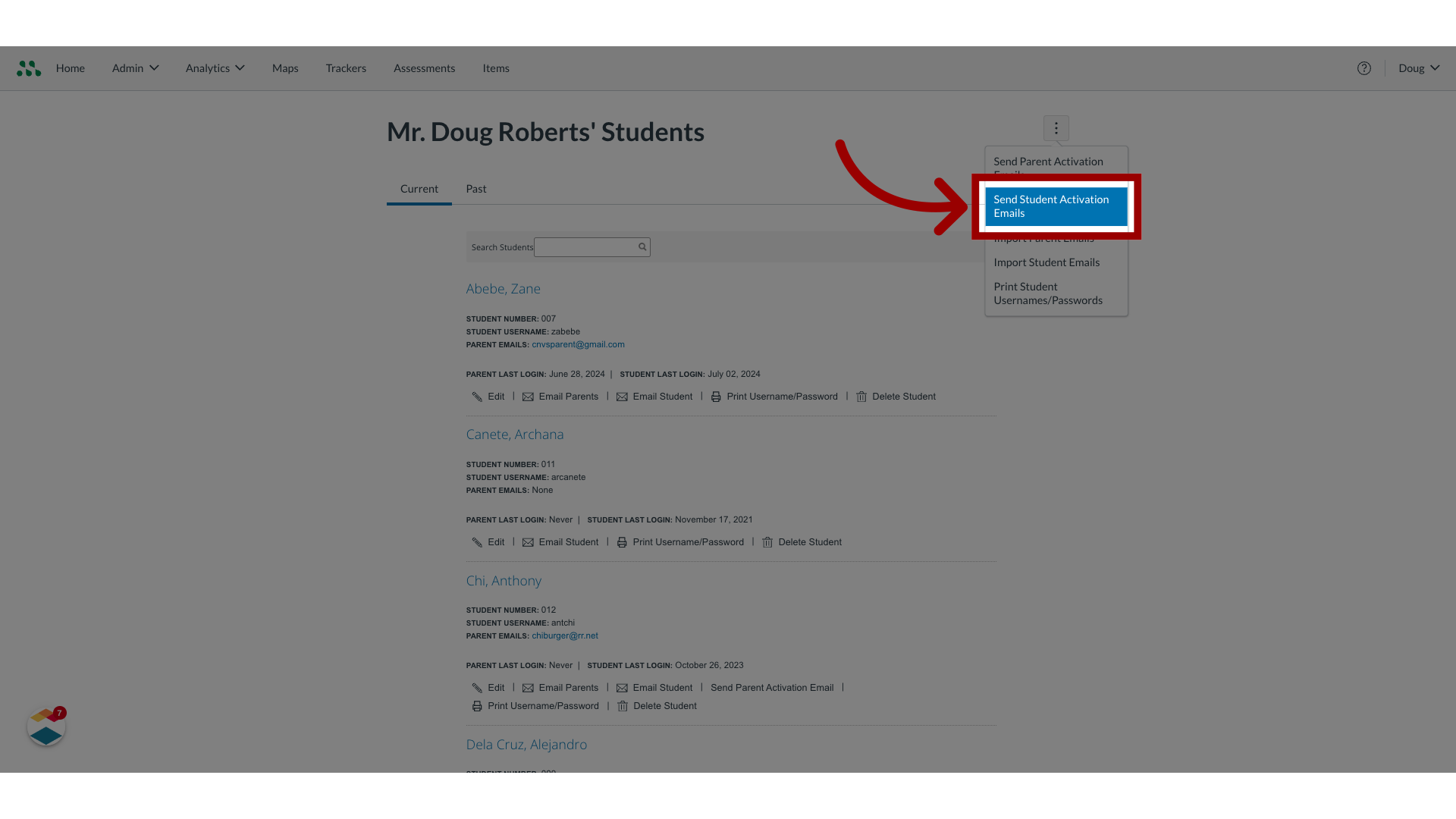 Click 'Send Student Activation Emails'