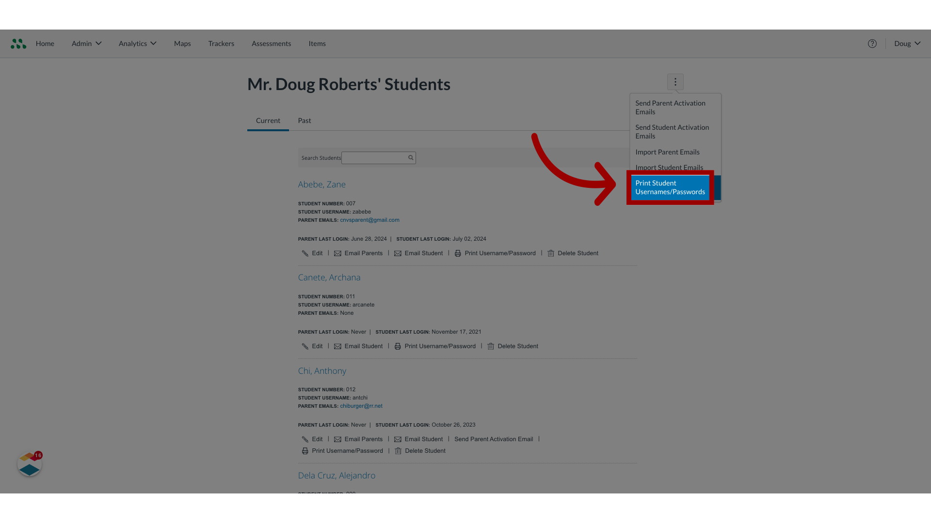 Click 'Print Student Usernames/Passwords'