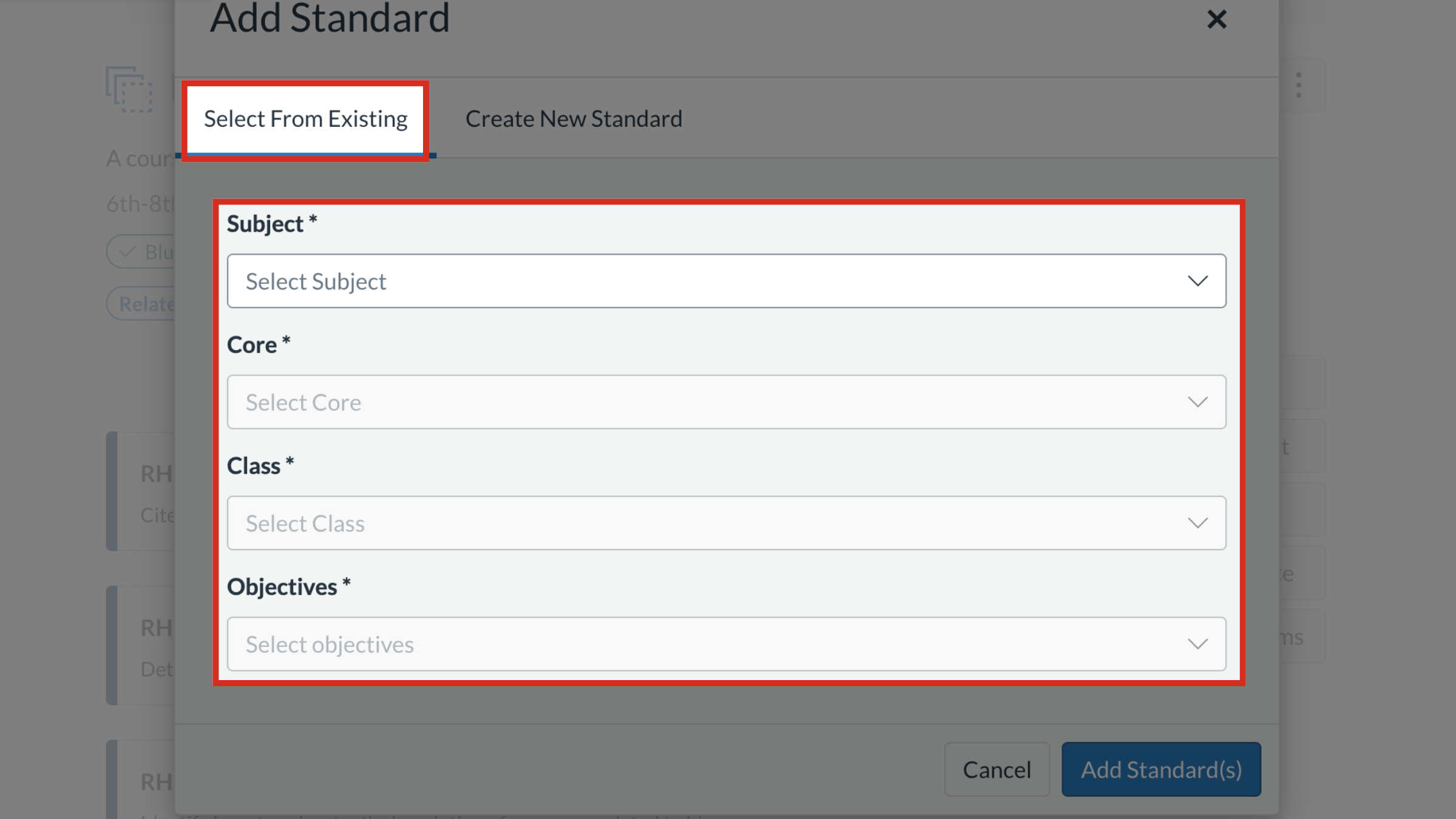 Select From Existing Standard