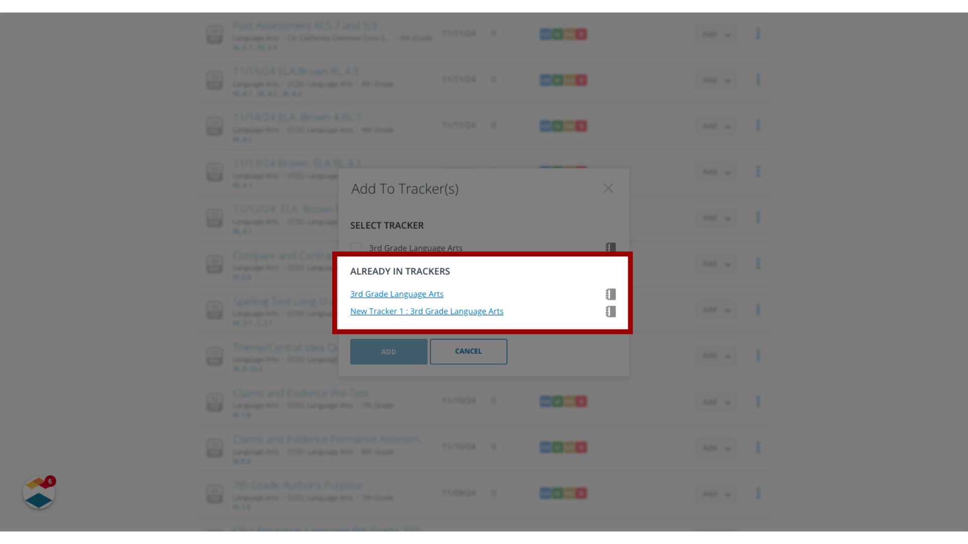 View Assessments Already in Trackers 