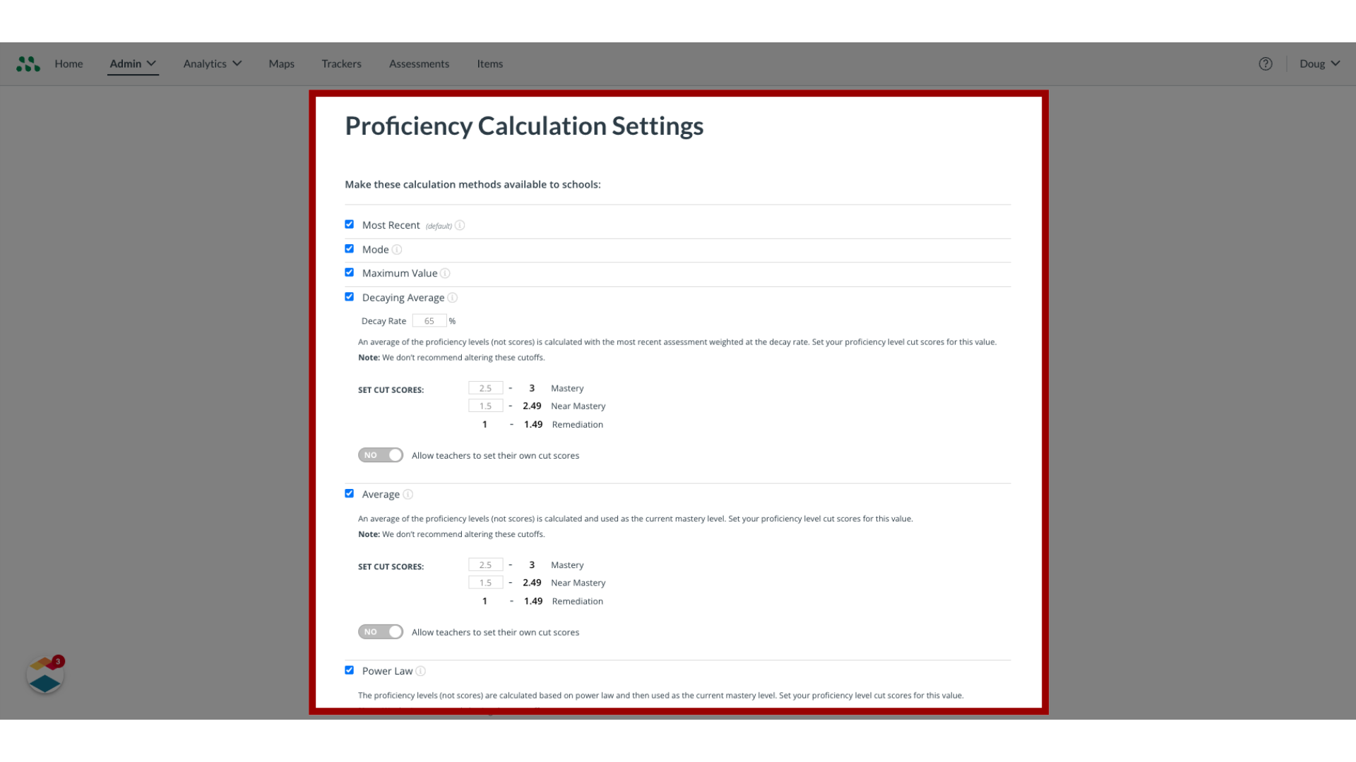 View Proficiency Calculations Settings Page 