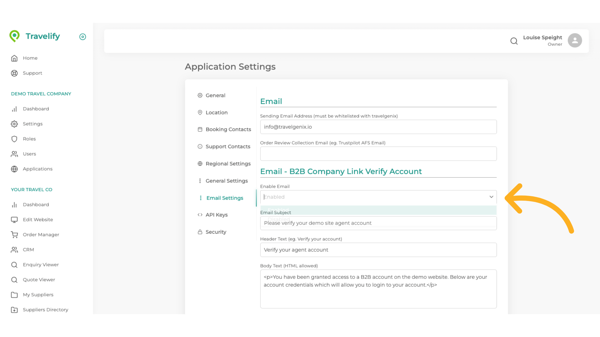 Here you can enable or disable the email