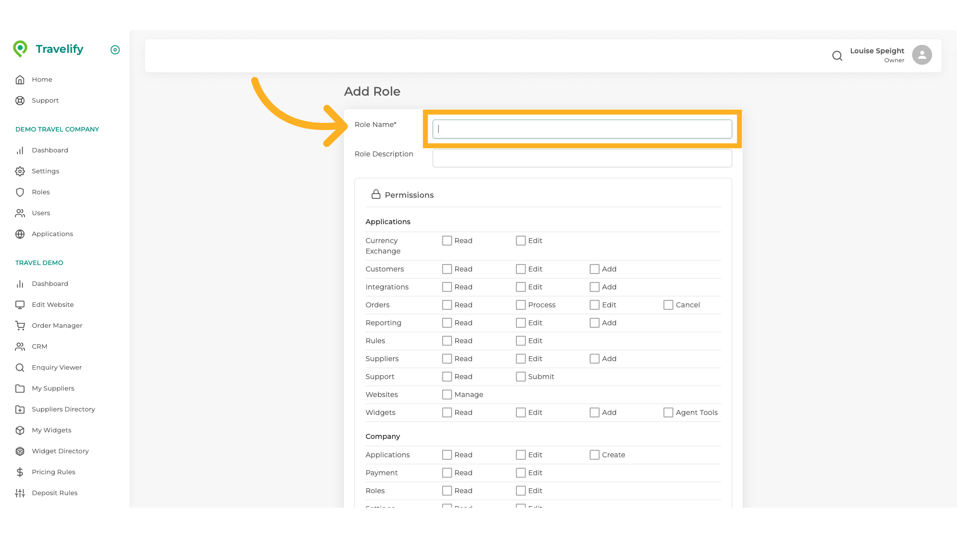 Proceed by selecting the indicated field and creating Role name such as Owner, Sales, Admininstrator. Each Role name can have different security access.
