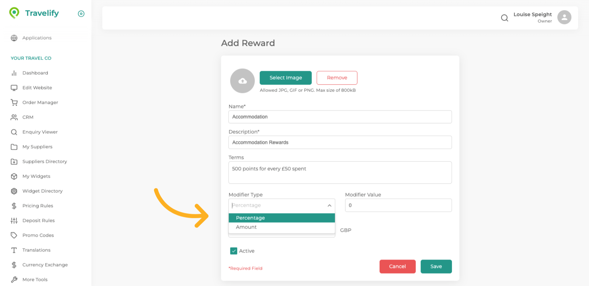 You can choose to either set the Reward as a percentage or fixed amount