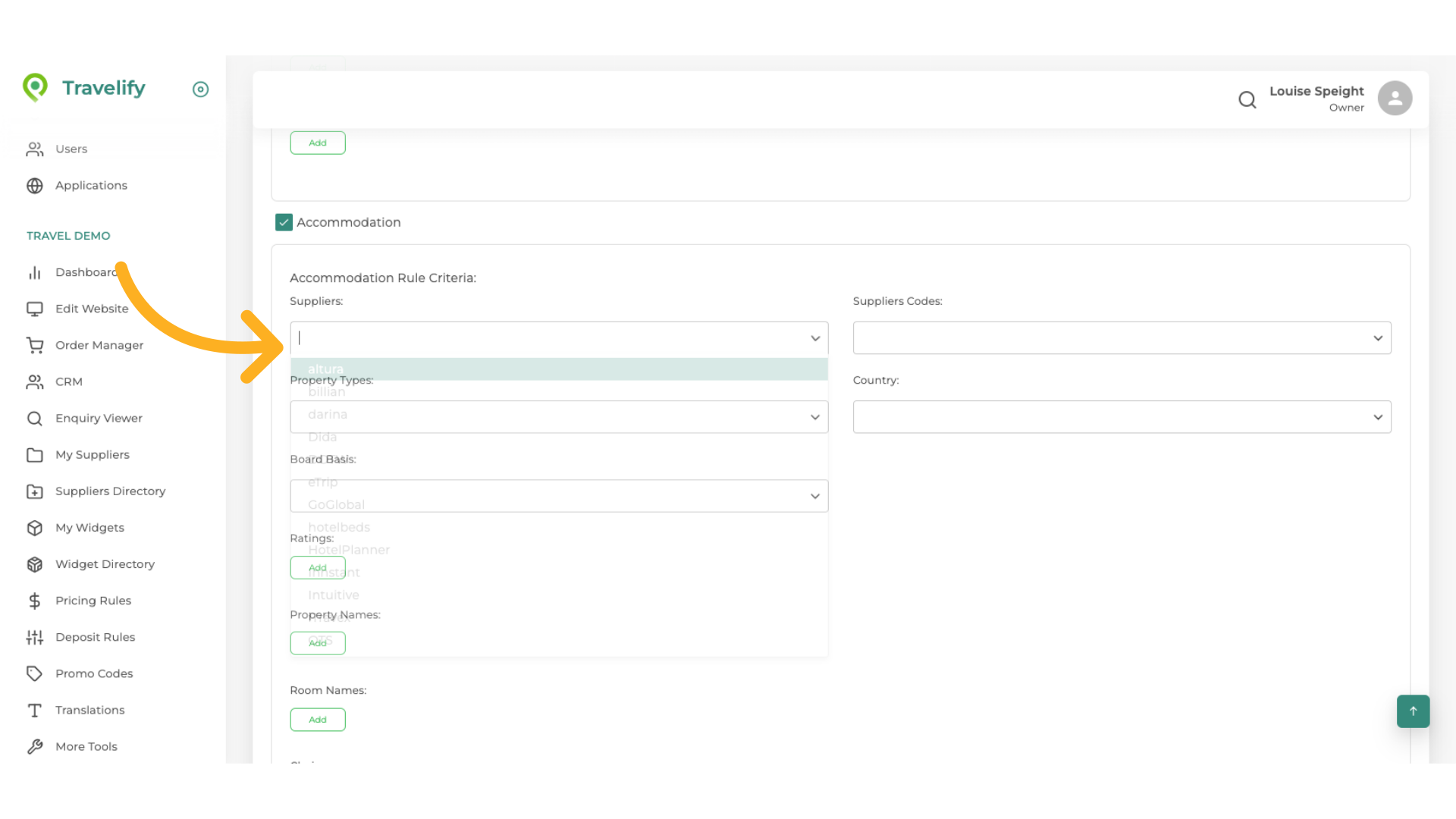 Select the box for Accommodation