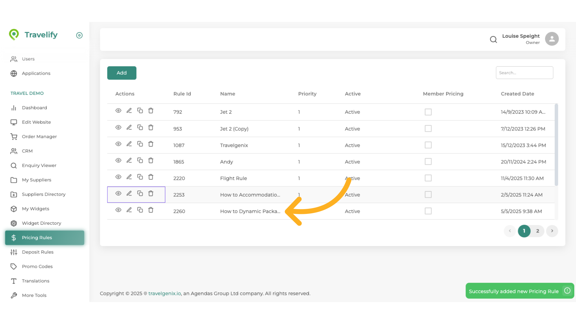 Your new Dynamic Packing Rule will appear in your list of Pricing Rules
