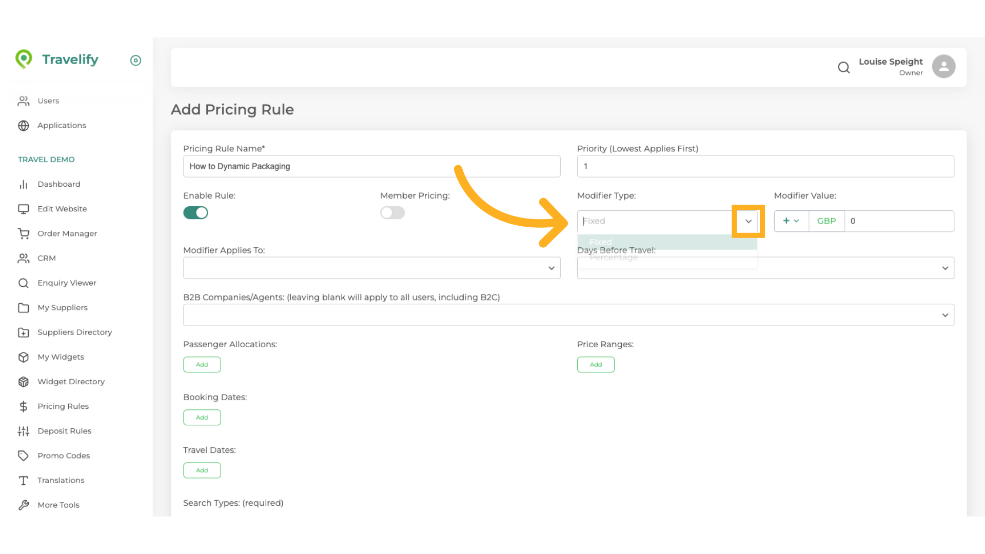 Here you decide if you wish the Rule to Fixed or a Percentage of the Booking