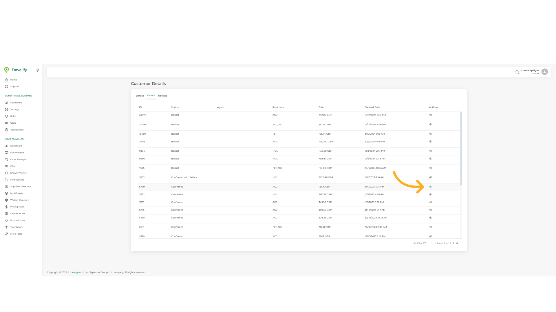 Select required booking from the list and click the Action icon to enter booking