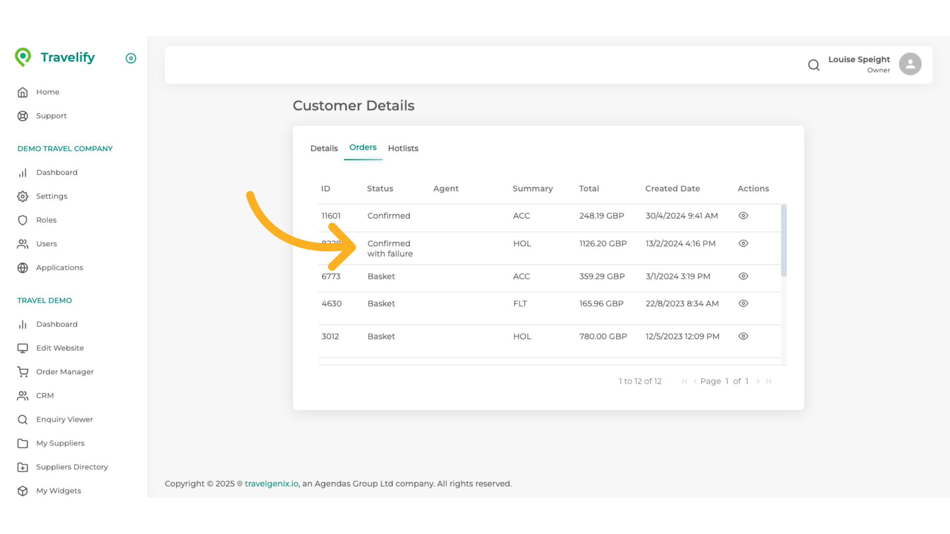 The Status field indicates how the booking has progressed, enabling you to follow up on any failed bookings