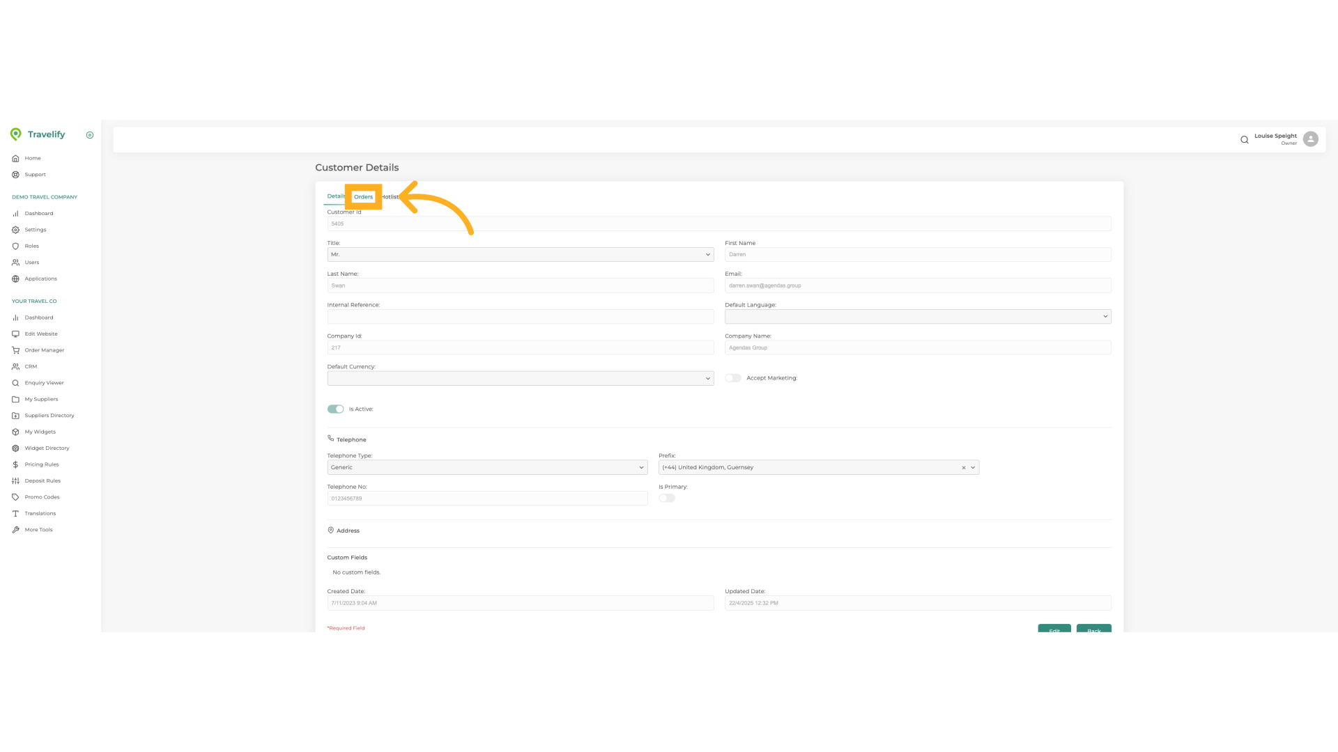The Orders tab shows all bookings that have been made by Lead passenger