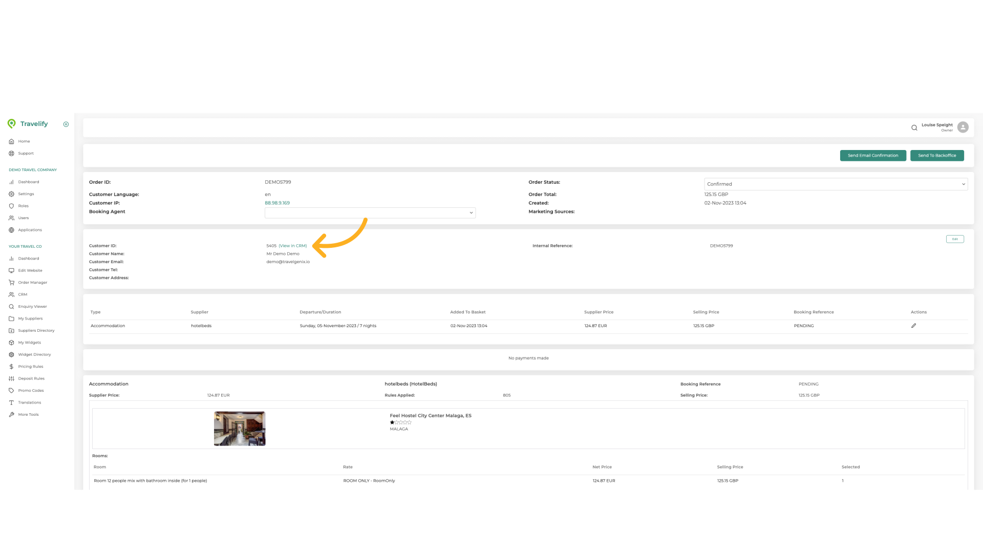 This will bring up the information for this booking in the Order Manager