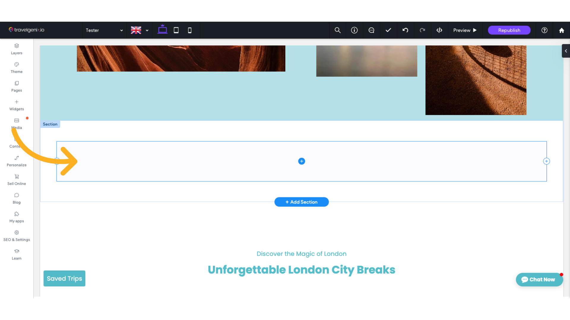 Find the section on the page you want to add the widget