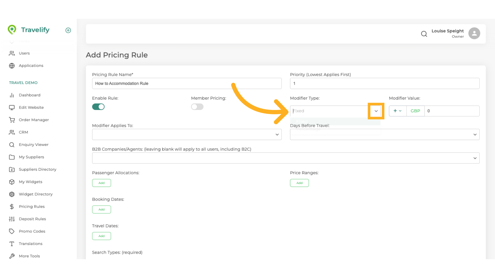 Here you can decide if you wish the Rule to be Fixed or a Percentage of the Booking