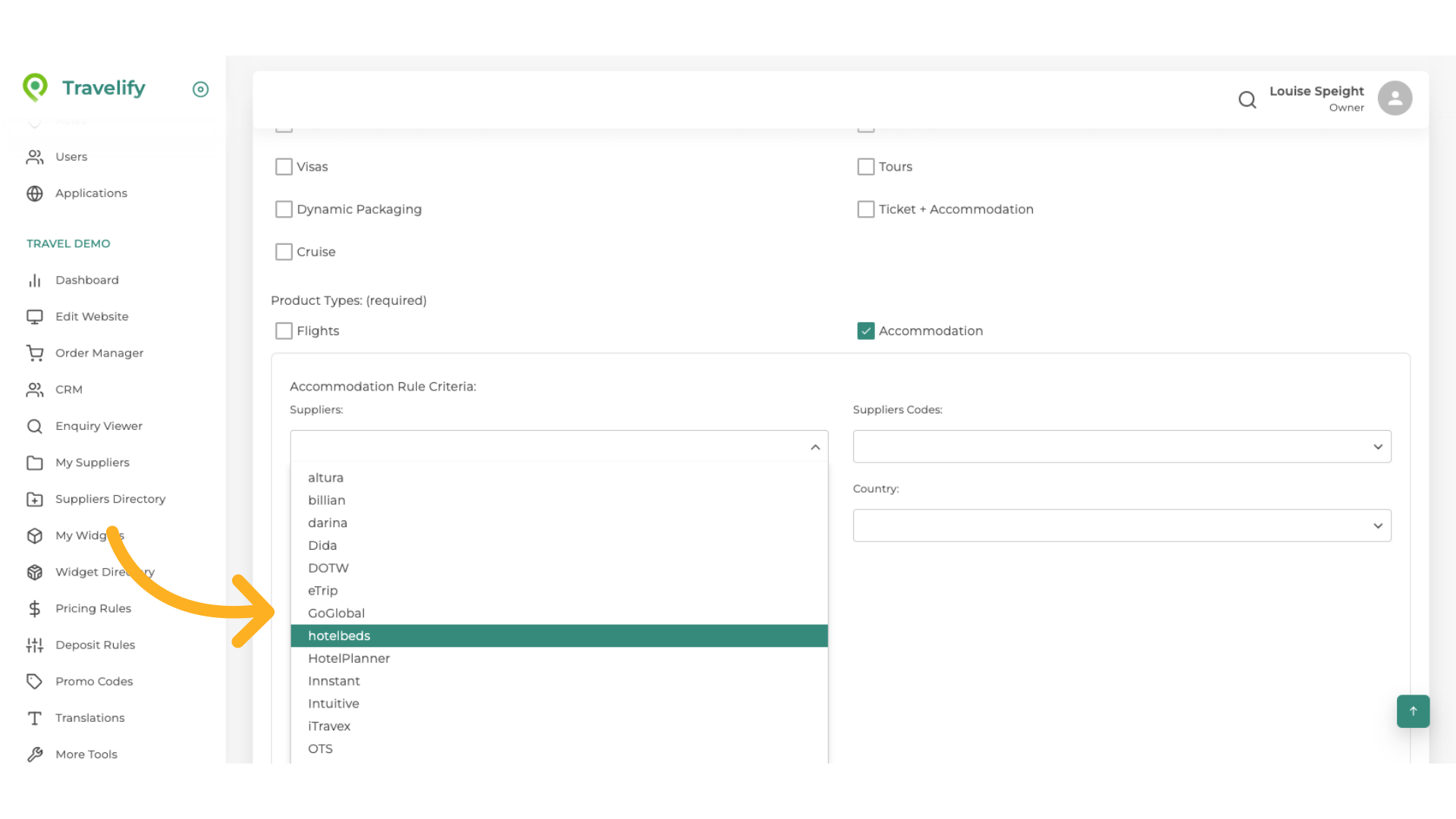 You can select from the dropdown the Accommodation Supplier you require
