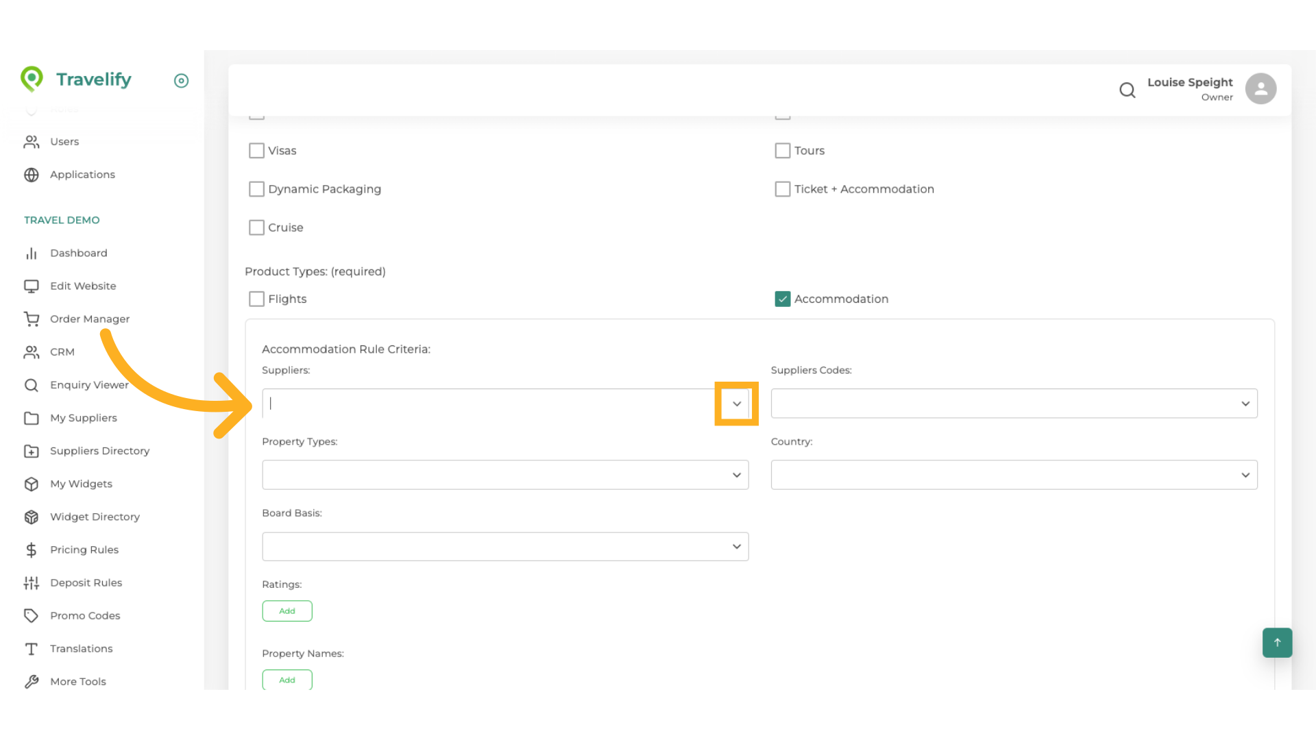 Here you can select the Accommodation Suppliers you wish this Rule to apply to