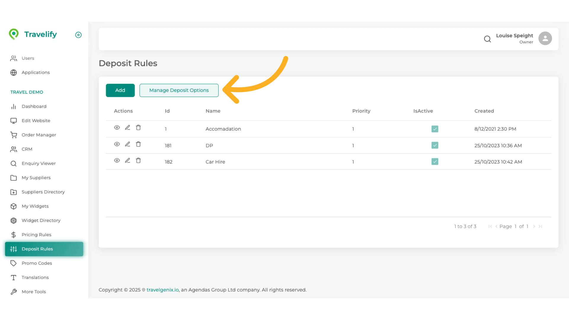 Setting up a Deposit Rule is a two stage process, so first we need to click on Manage Deposit Options