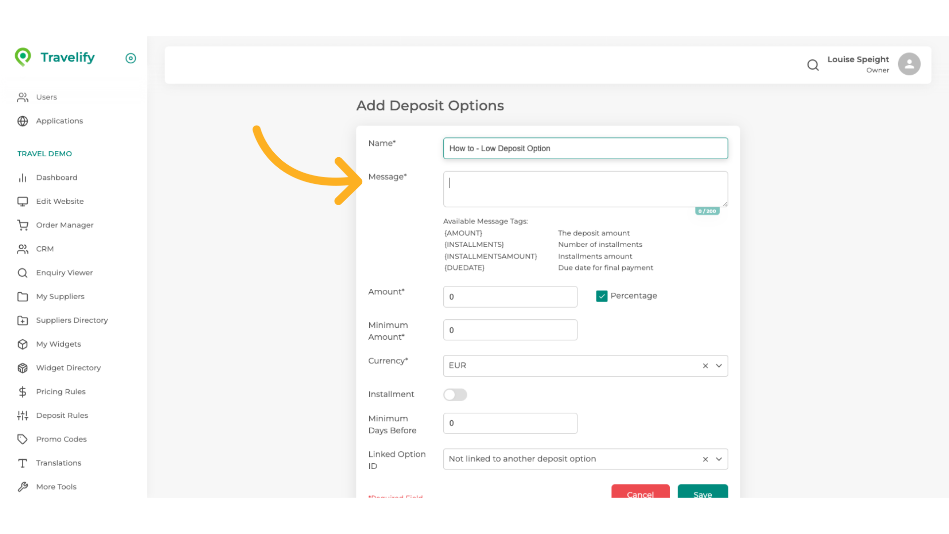 Here you give the customer details of the deposit set up