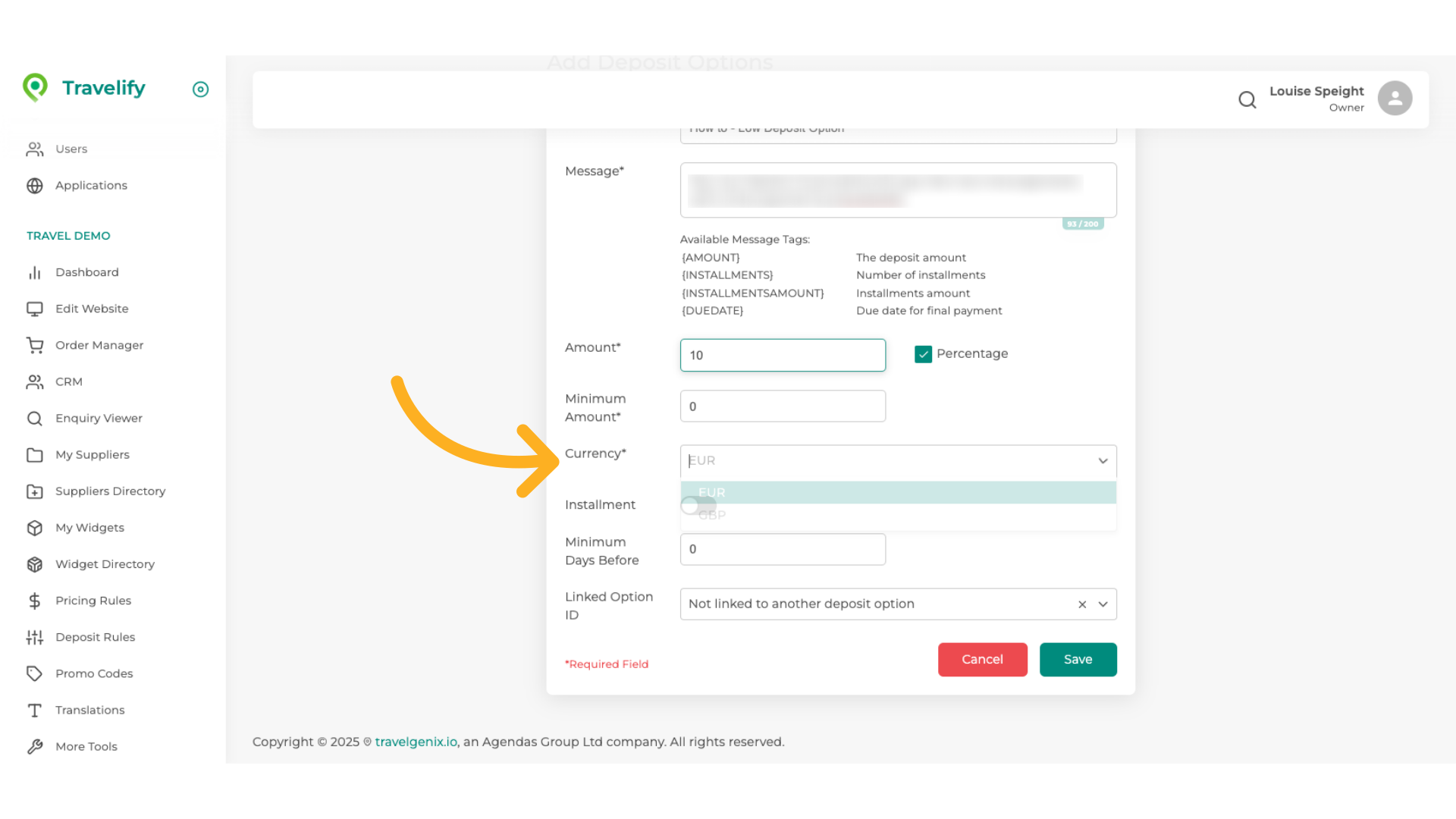 Here you can change the currency if you wish