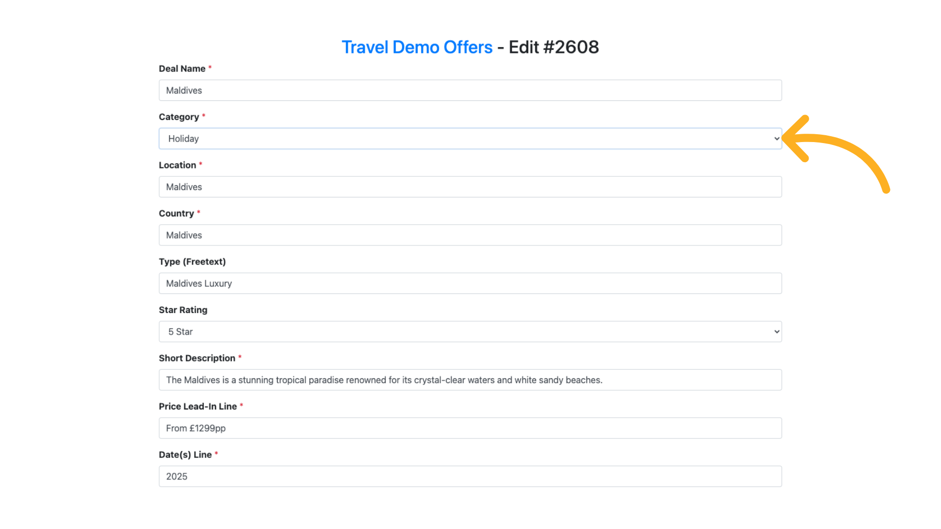 Select the type of offer, Holiday, Package etc