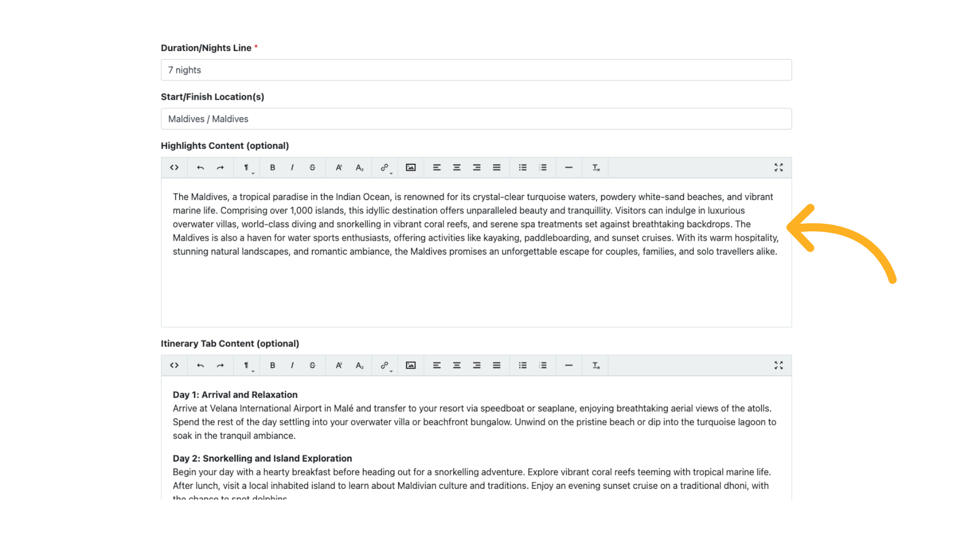 You can add content for each of the tabs that will appear on the frontend