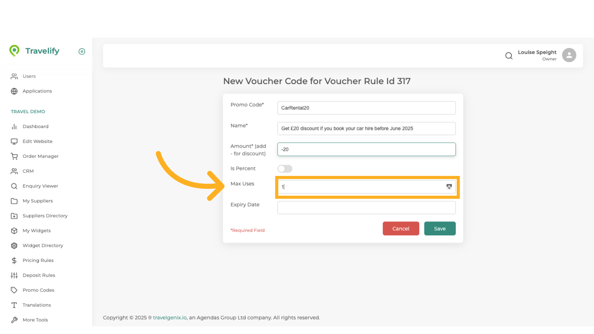 Click here to select number of uses you wish to apply to this particular Voucher Code