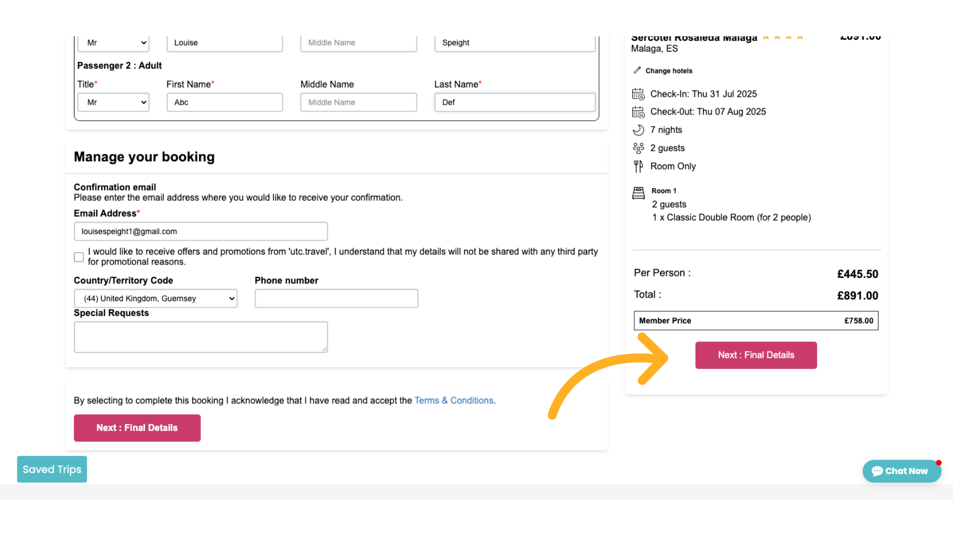 Once completed click through to Final Details