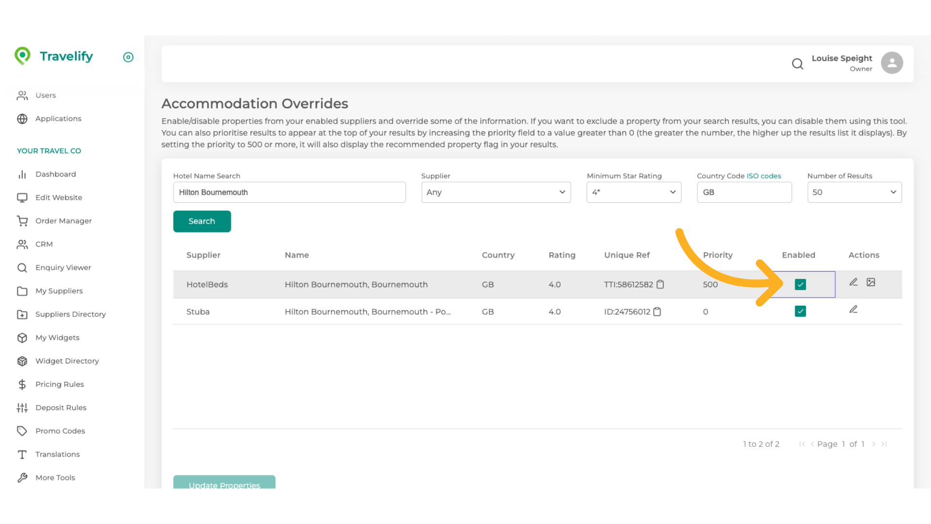 Click here to Enable or Disable the hotel listed, they will be Enabled by default