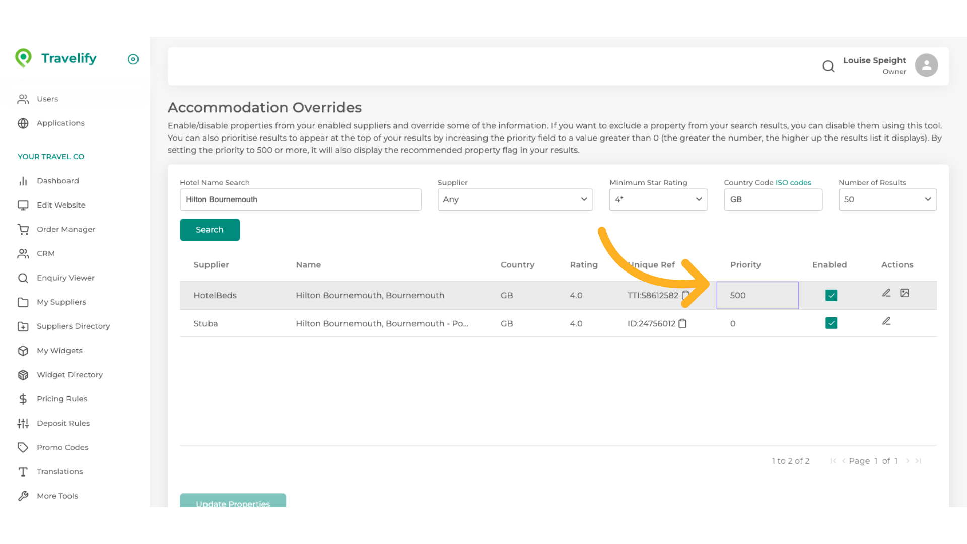 The Priority number denotes where hotel appears in search results