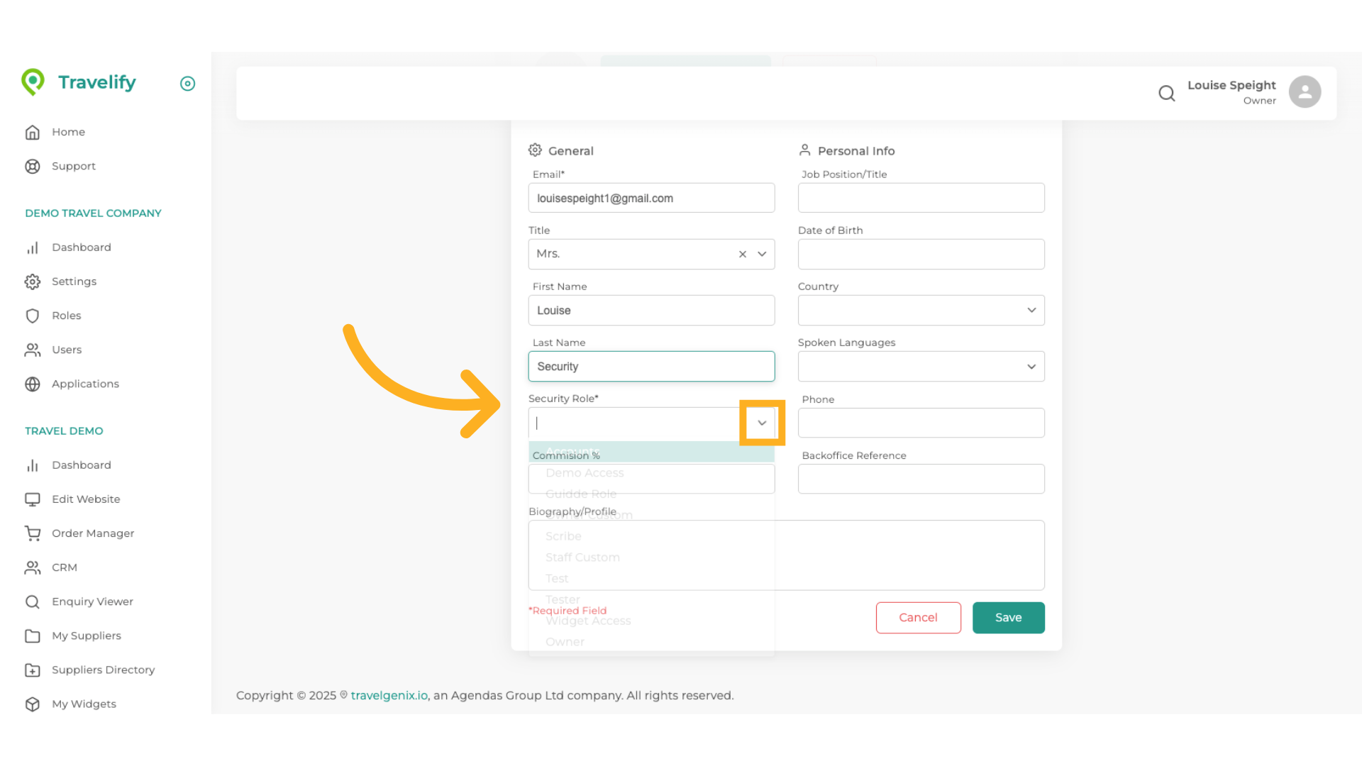 Click here to set the User's Role