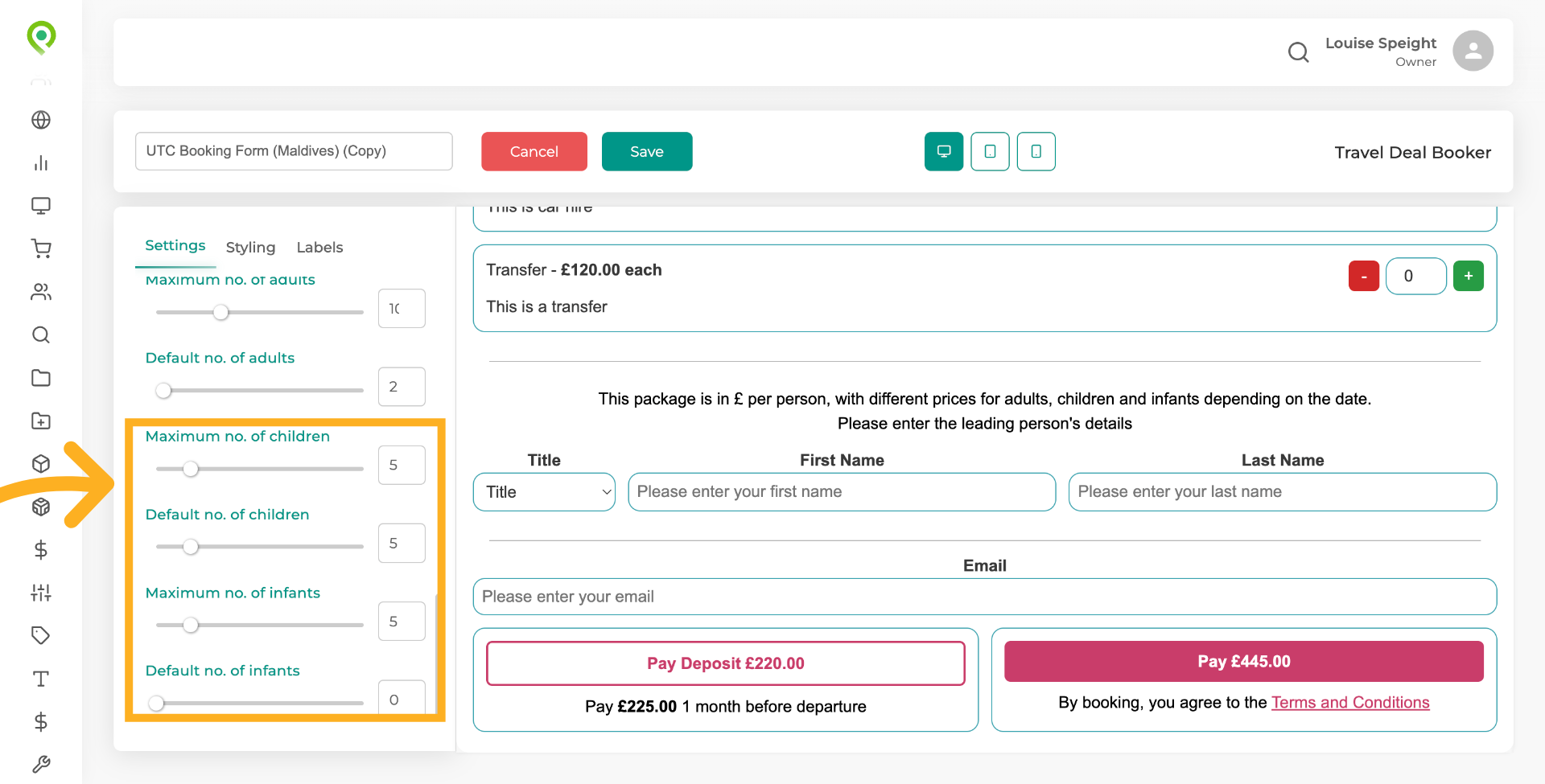 Set Children and Infant Limit