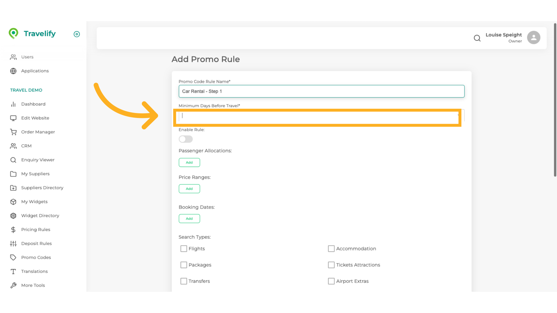 Click here to select Minimum Days before departure