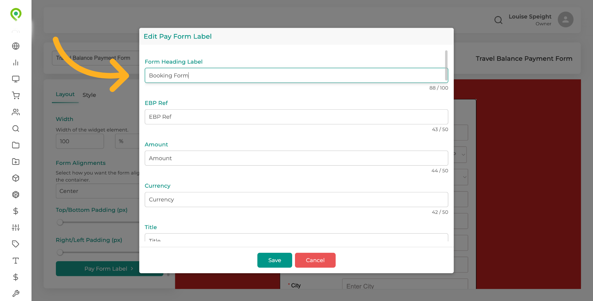 Here you can edit the text that will appear on the form