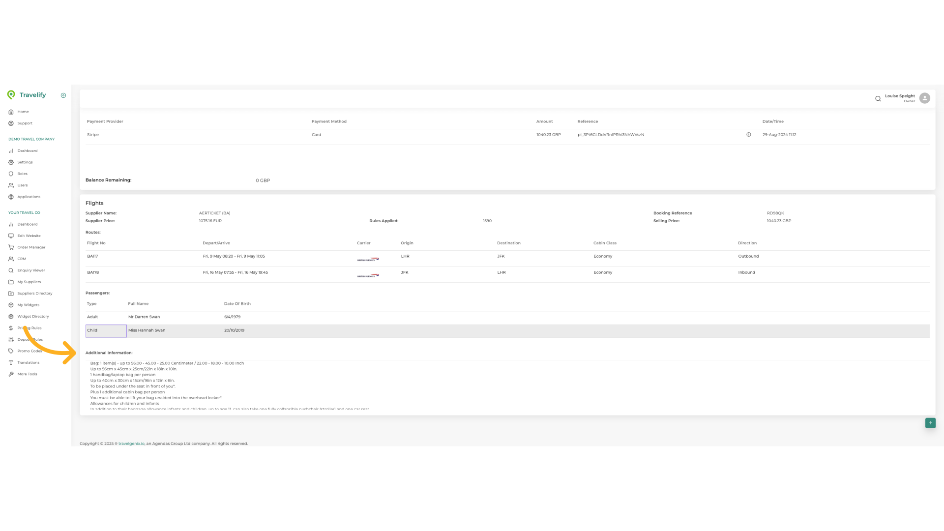 Here you can view any additional information the passenger may require