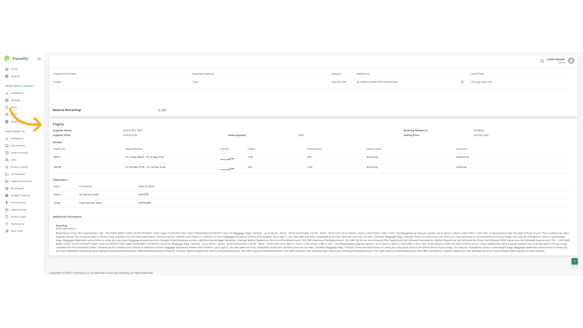 Here you will find all booking information, these details cannot be edited