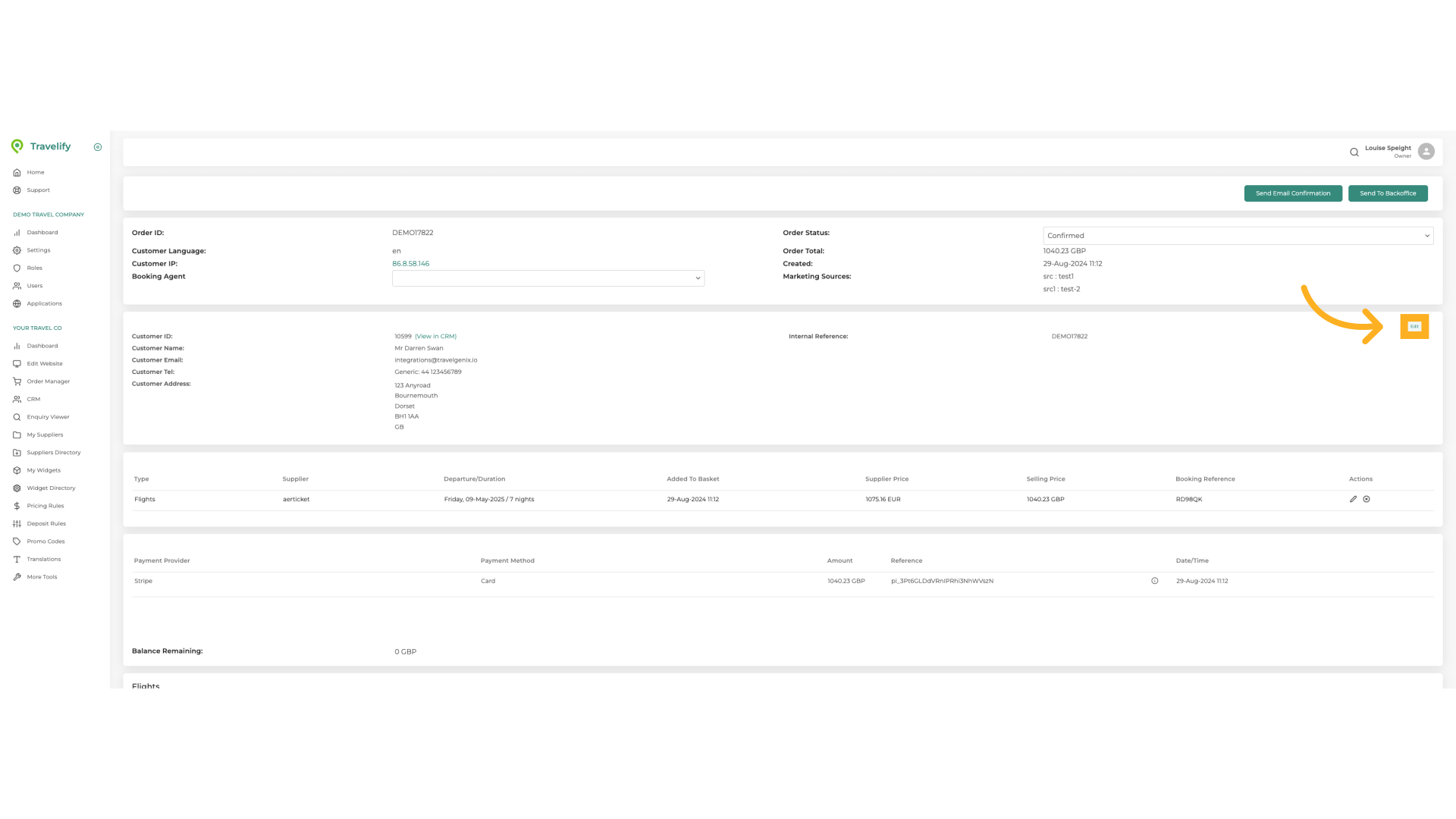 Click 'Edit' if you wish to change any Customer details