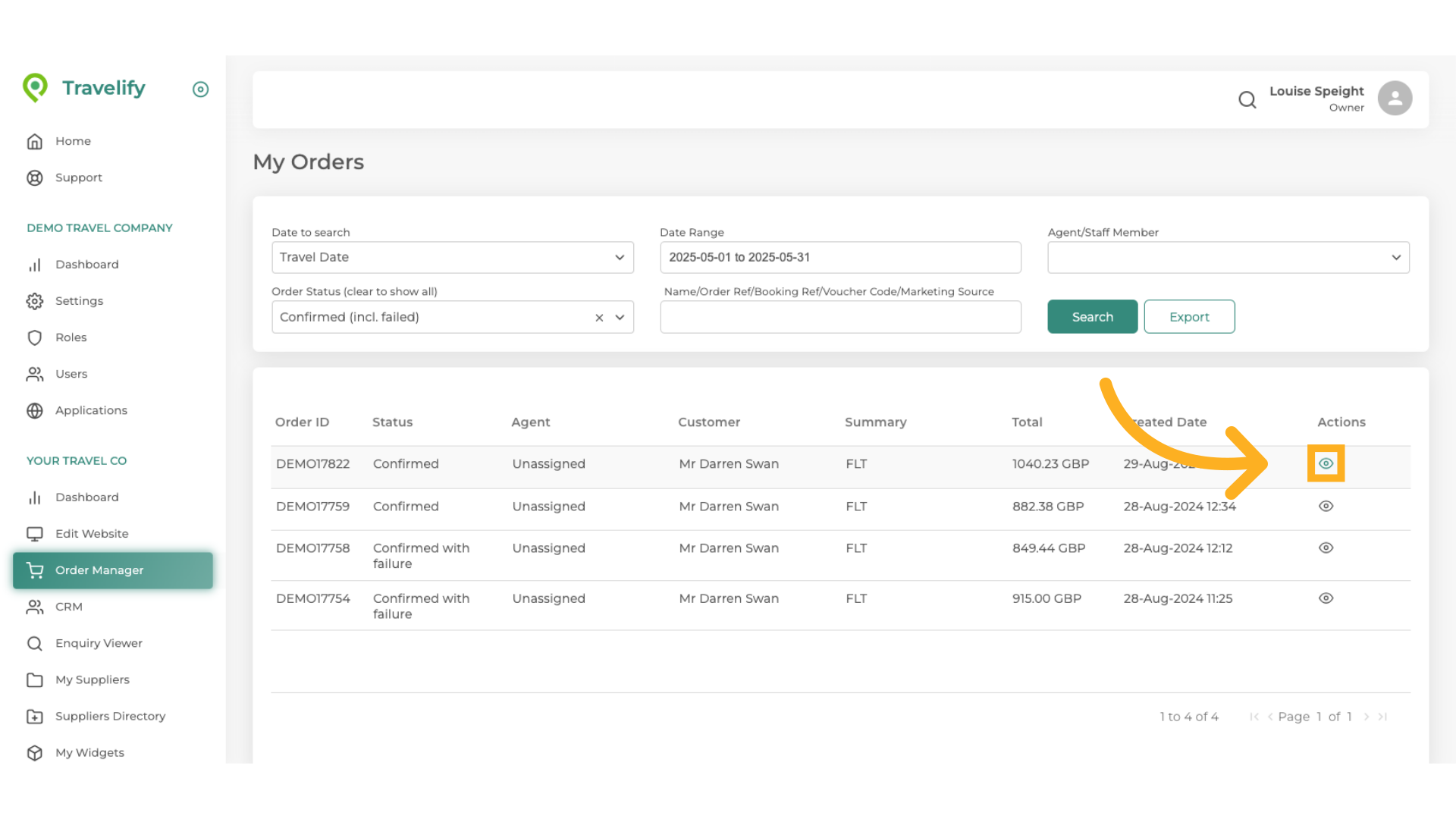 Click the Action icon on the selected retrieved Booking