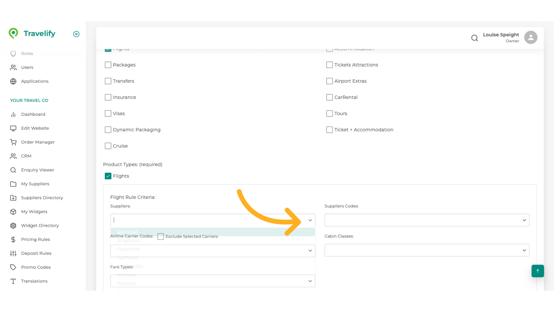 You can select from the dropdown the Flight Supplier you require