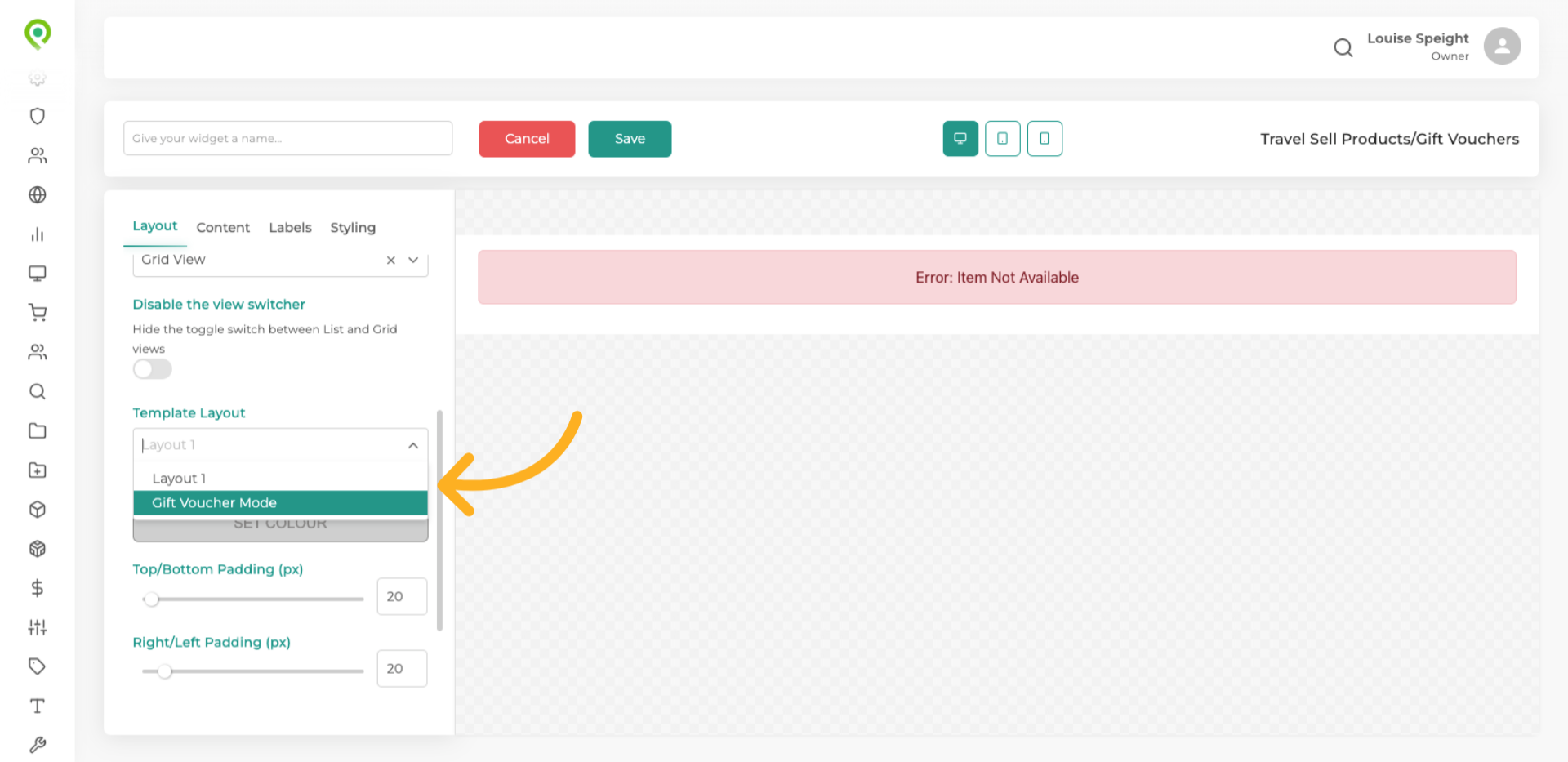 In the Layout tab scroll down to Template Layout and select Gift Voucher Mode from the dropdown