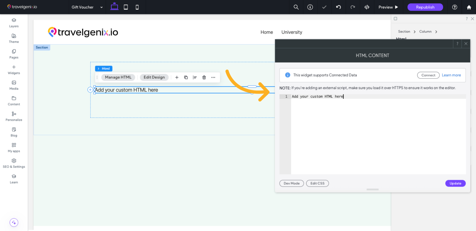 Paste the HTML code you copied from Travelify