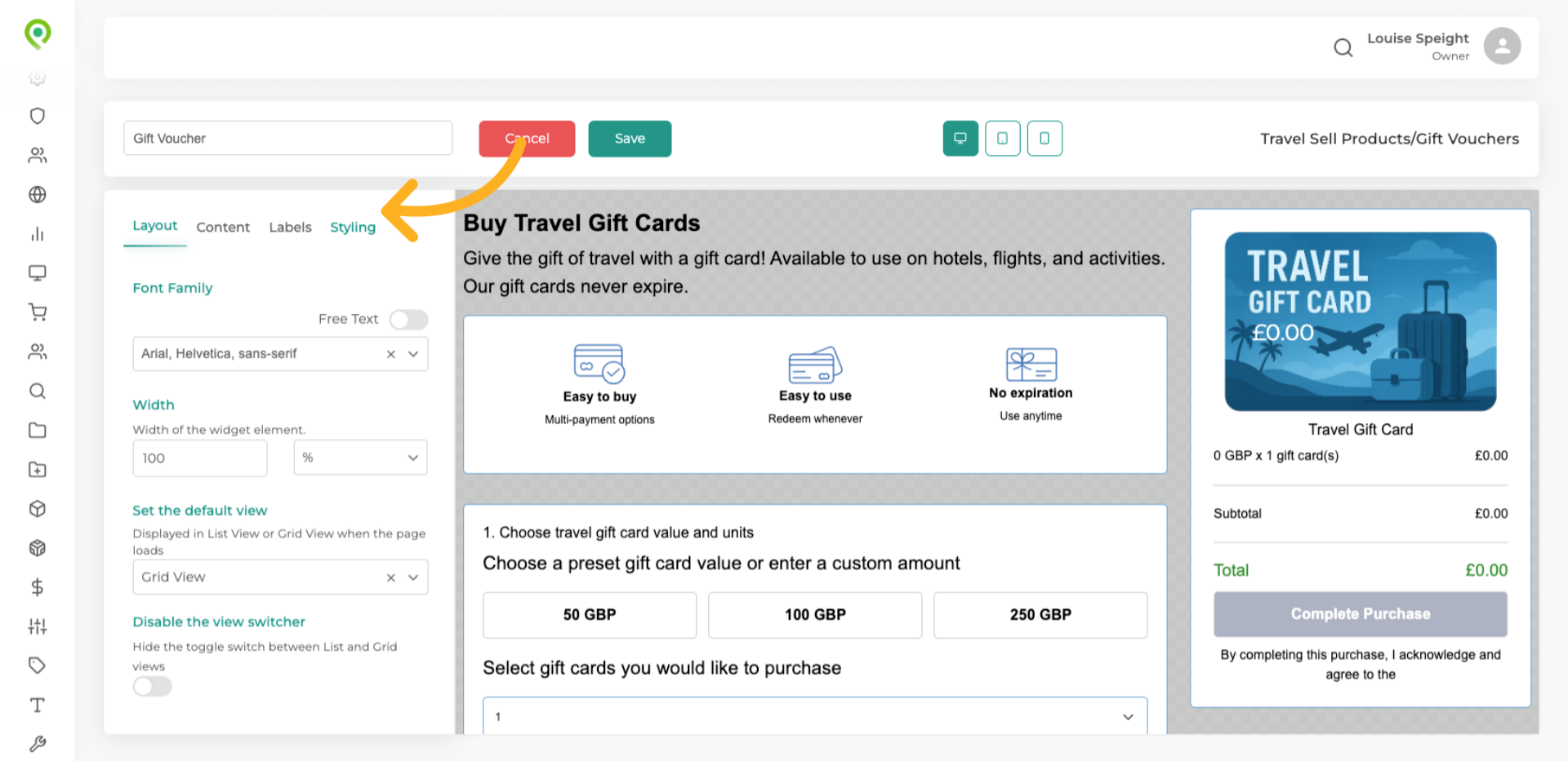 By using the Styling tab you can make changes to the colours on your Gift Voucher